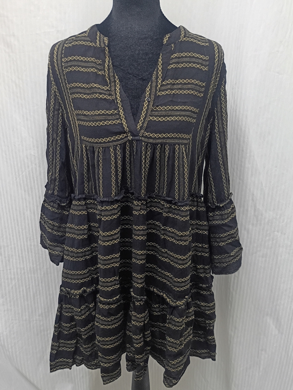 Elan Black Dress with With Bell Sleeve Gold Embroidered Stripes XS